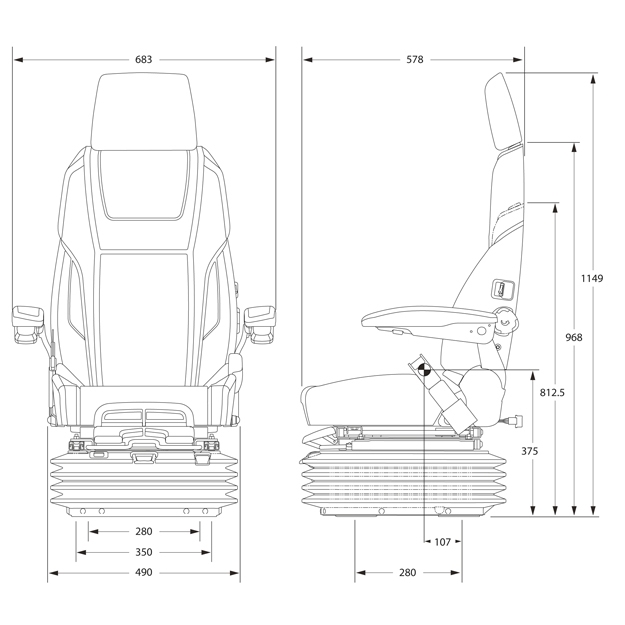 KAB luchtgeveerde stoel 65K4 24 Volt TIJDELIJK UITVERKOCHT
