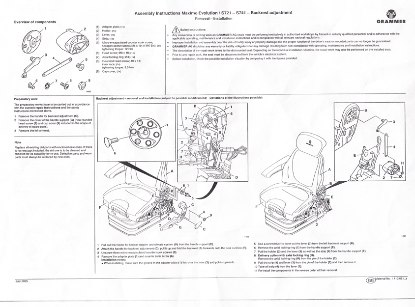 Rugleuningverstelling compleet  tbv Grammer Maximo Evolution